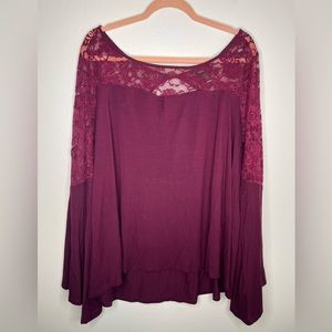 Torrid Lace Detail Maroon Flare Sleeve Top